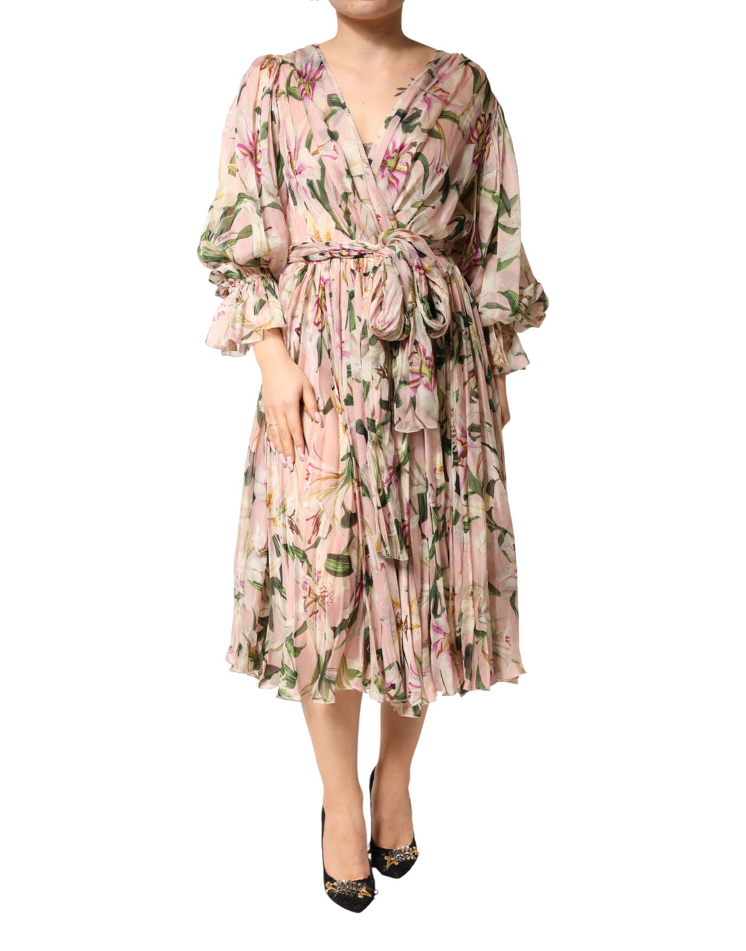 Dolce &amp; Gabbana Pink Lily Print A-line Pleated Maxi Dress