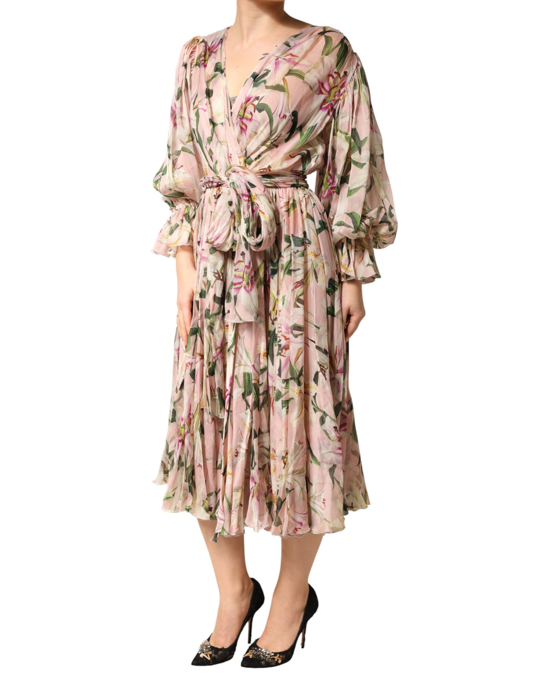 Dolce &amp; Gabbana Pink Lily Print A-line Pleated Maxi Dress