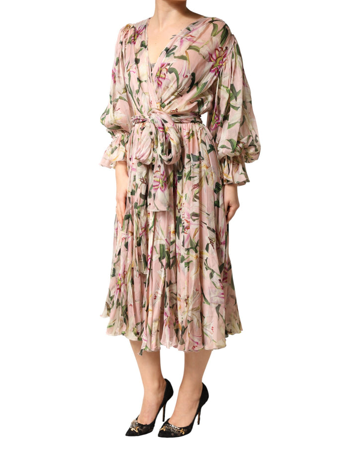 Dolce &amp; Gabbana Pink Lily Print A-line Pleated Maxi Dress