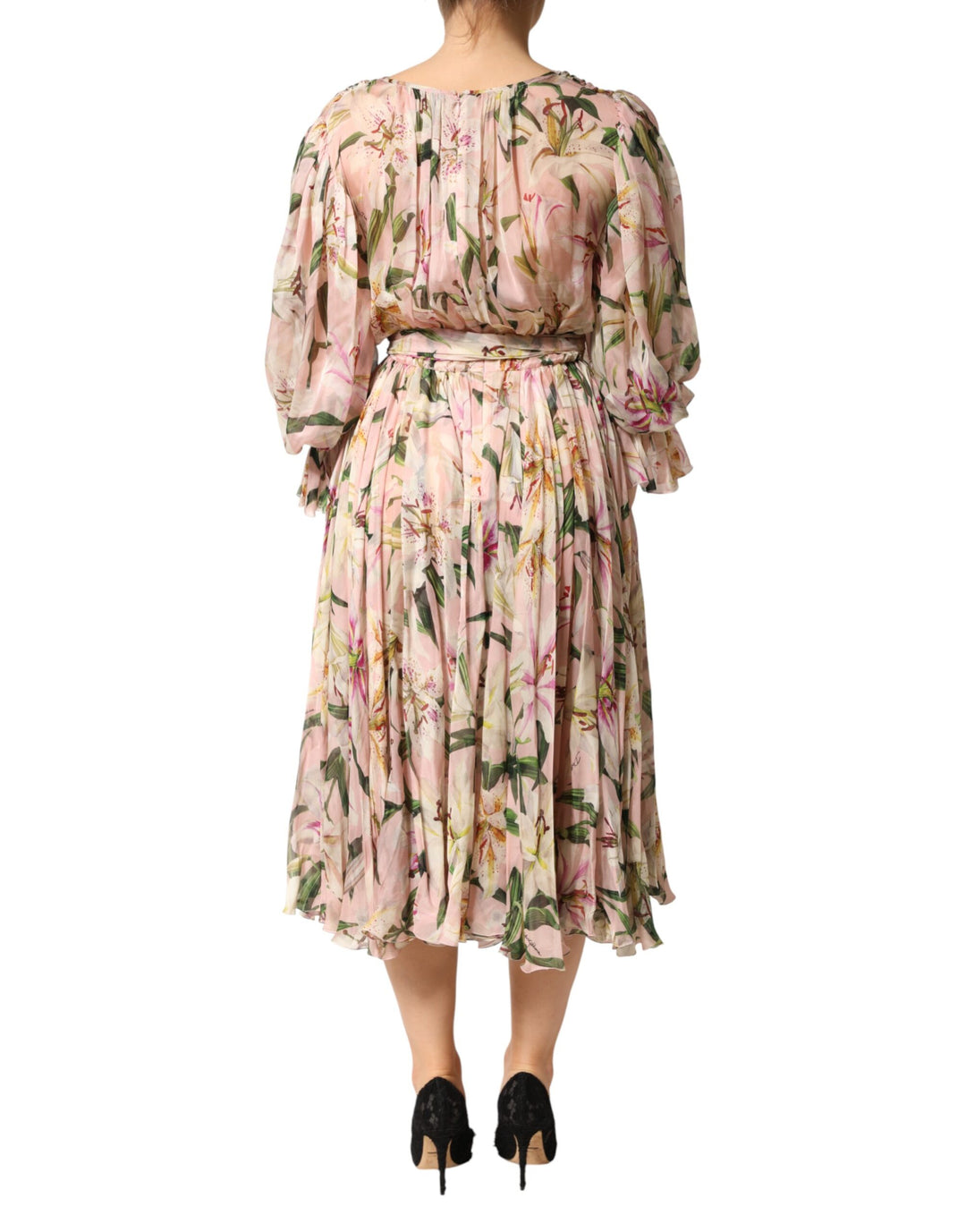 Dolce &amp; Gabbana Pink Lily Print A-line Pleated Maxi Dress