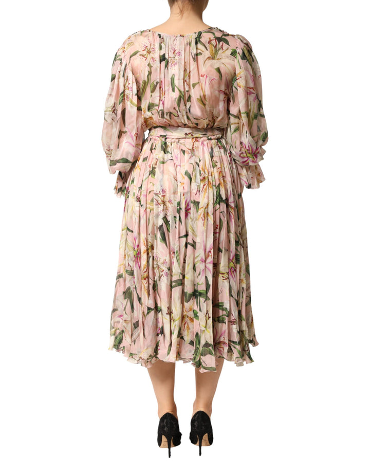 Dolce &amp; Gabbana Pink Lily Print A-line Pleated Maxi Dress