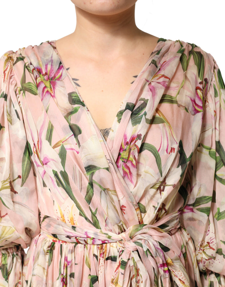 Dolce &amp; Gabbana Pink Lily Print A-line Pleated Maxi Dress