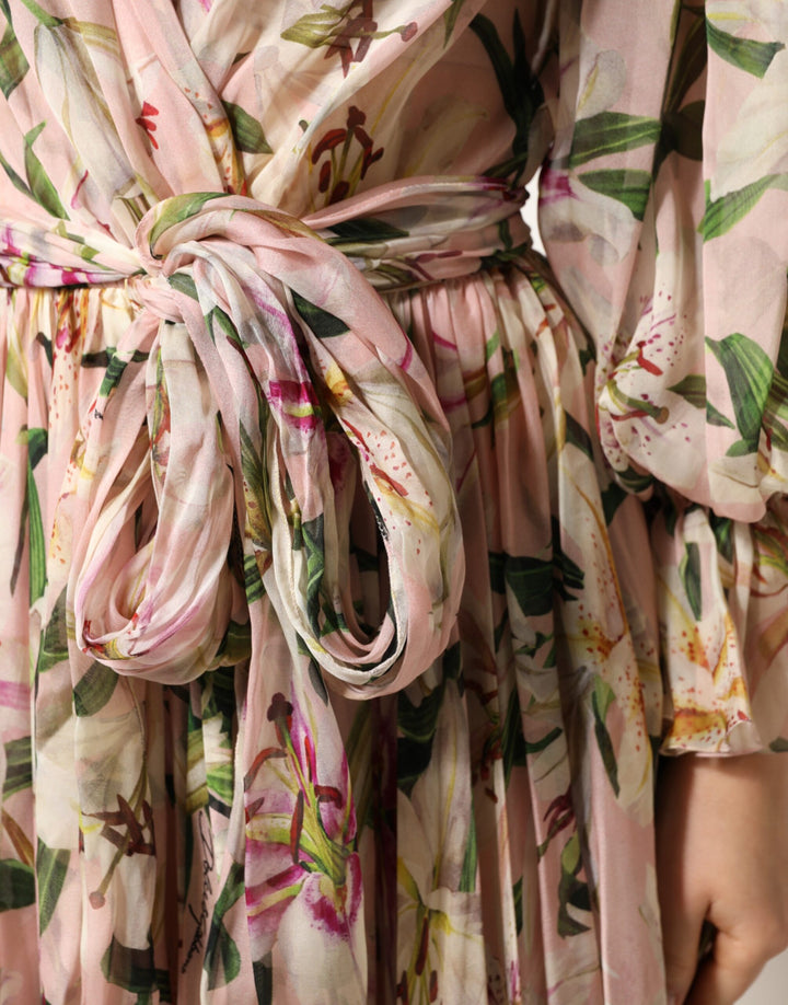 Dolce &amp; Gabbana Pink Lily Print A-line Pleated Maxi Dress