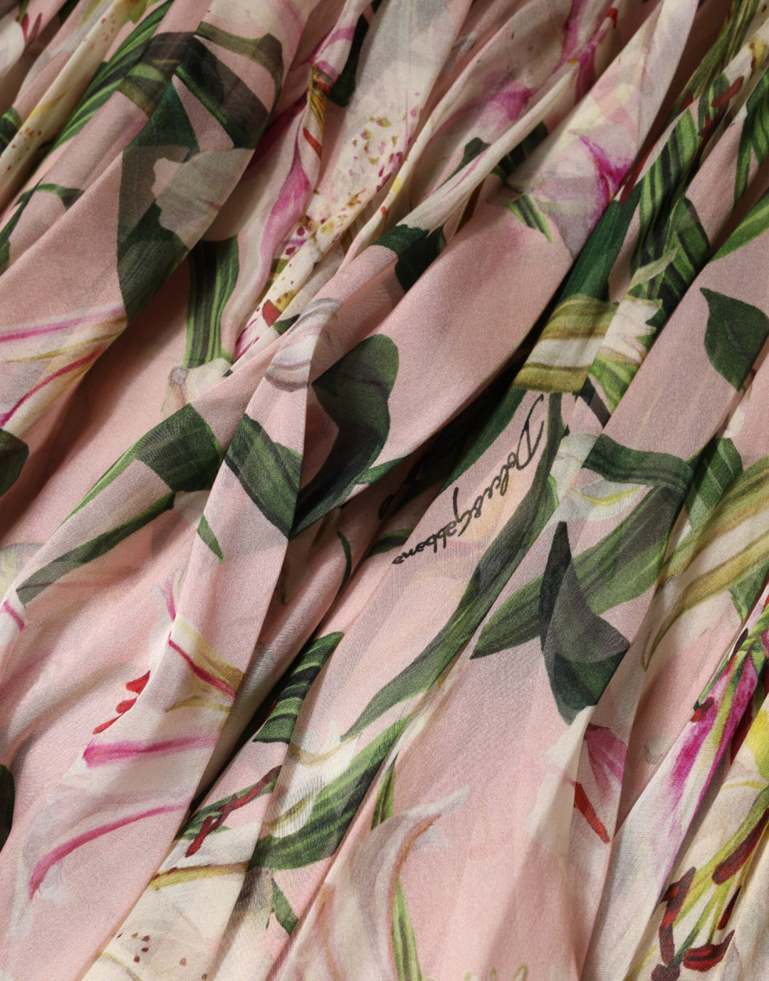 Dolce &amp; Gabbana Pink Lily Print A-line Pleated Maxi Dress