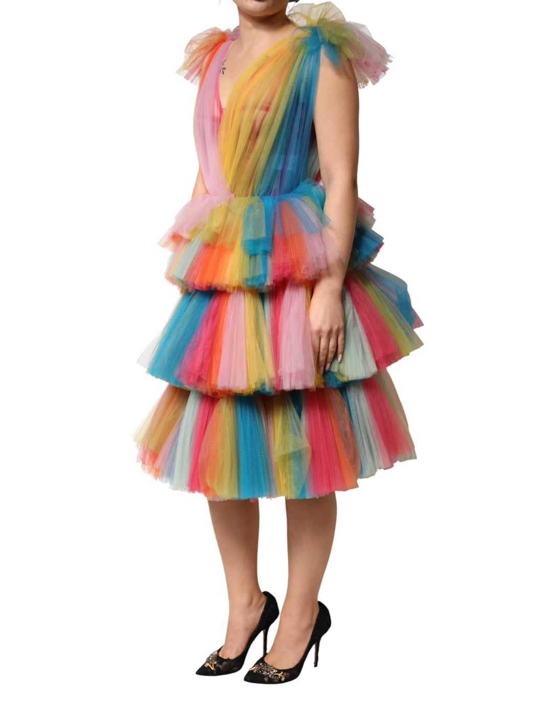 Dolce &amp; Gabbana Multicolor Nylon Tiered Tulle Midi Dress