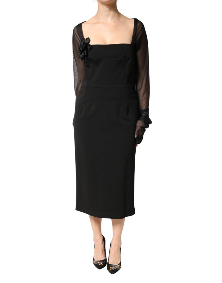 Dolce &amp; Gabbana Black Sheer Yoke Rosette Sheath Midi Dress
