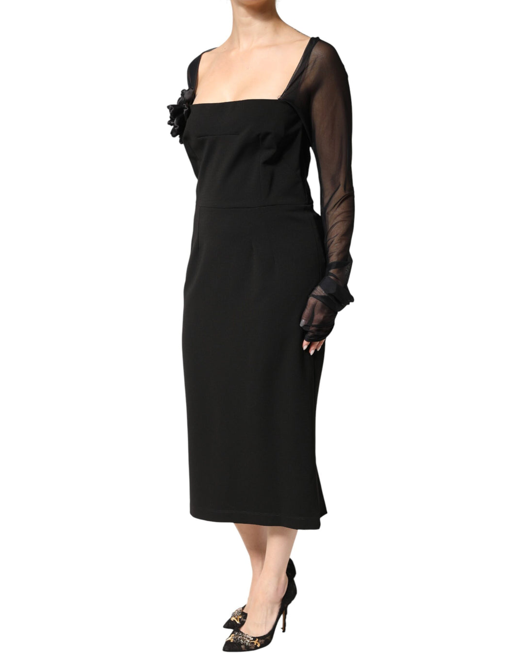 Dolce &amp; Gabbana Black Sheer Yoke Rosette Sheath Midi Dress