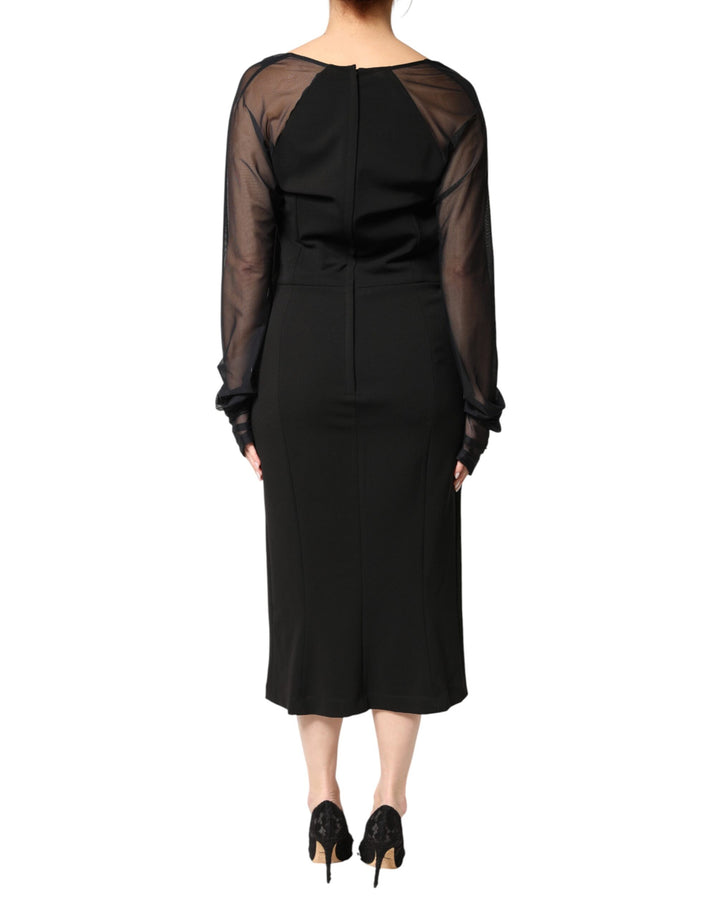 Dolce &amp; Gabbana Black Sheer Yoke Rosette Sheath Midi Dress