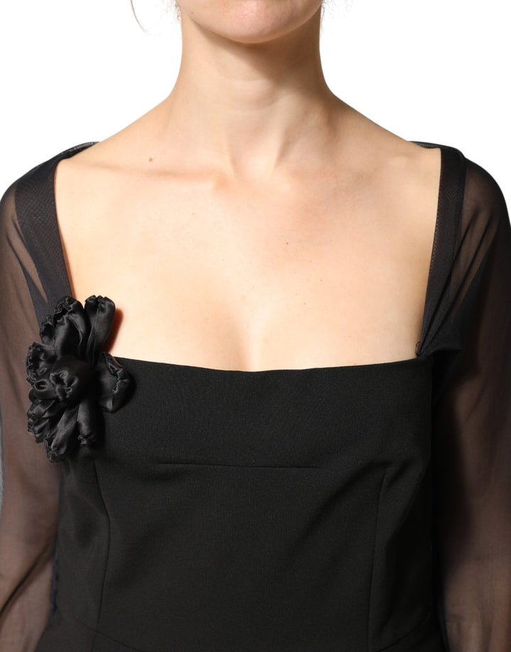 Dolce &amp; Gabbana Black Sheer Yoke Rosette Sheath Midi Dress