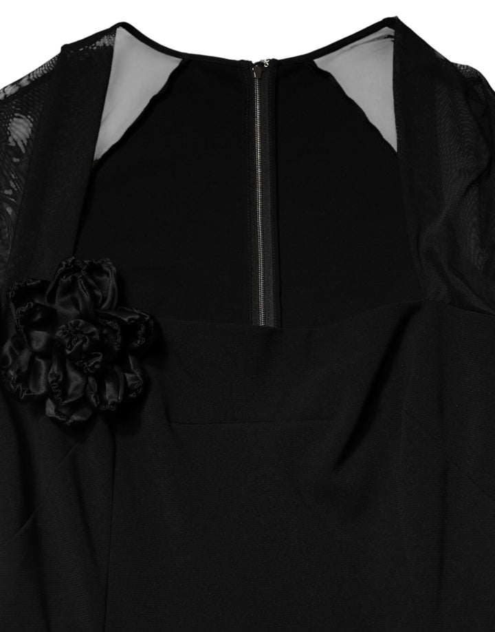 Dolce &amp; Gabbana Black Sheer Yoke Rosette Sheath Midi Dress
