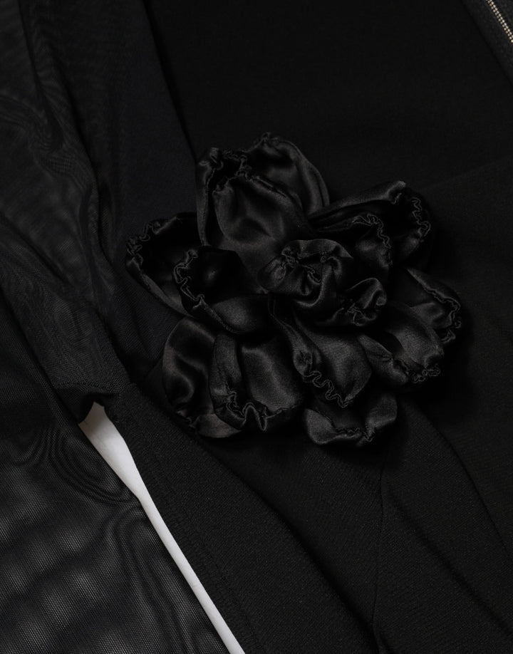 Dolce &amp; Gabbana Black Sheer Yoke Rosette Sheath Midi Dress