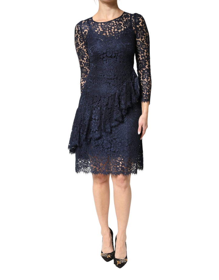 Dolce &amp; Gabbana Blue Lace Ruffle A-line Knee Length Dress