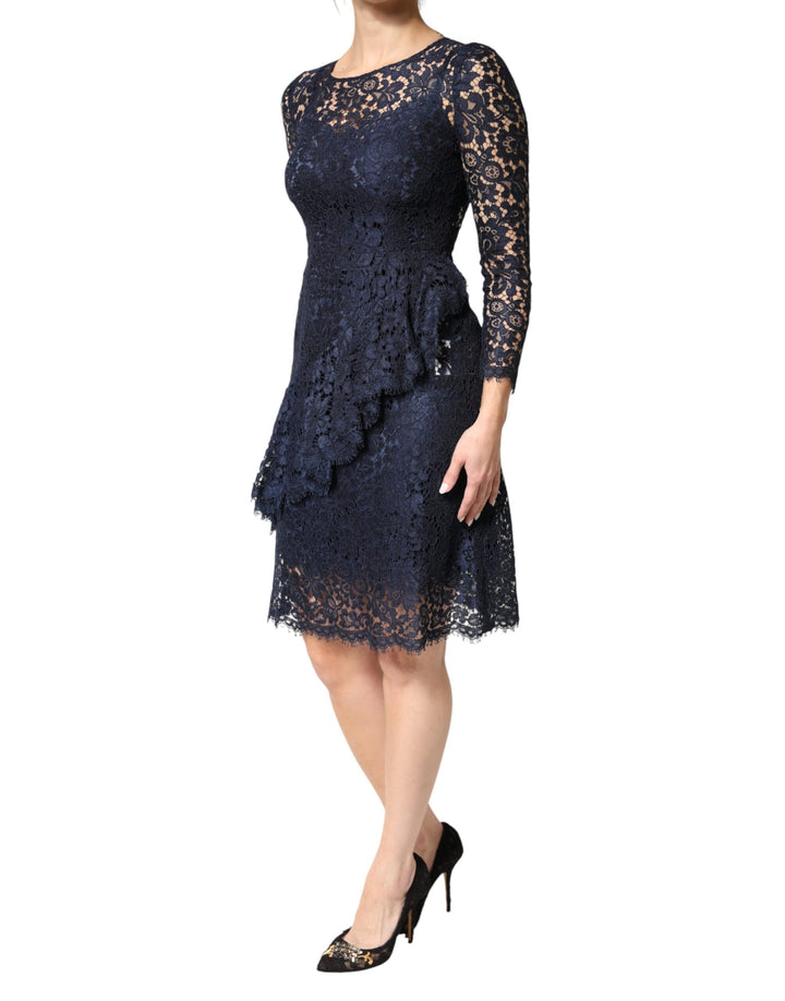 Dolce &amp; Gabbana Blue Lace Ruffle A-line Knee Length Dress