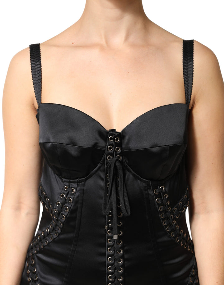 Dolce &amp; Gabbana Black Satin Acetate Lace Eyelets Mini Dress