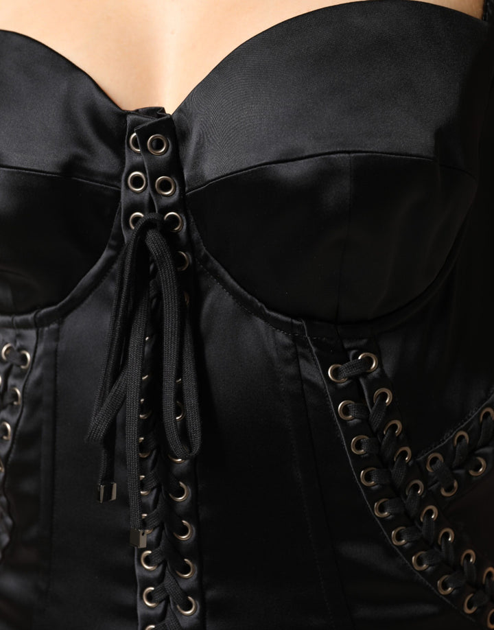 Dolce &amp; Gabbana Black Satin Acetate Lace Eyelets Mini Dress