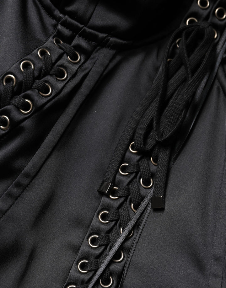Dolce &amp; Gabbana Black Satin Acetate Lace Eyelets Mini Dress
