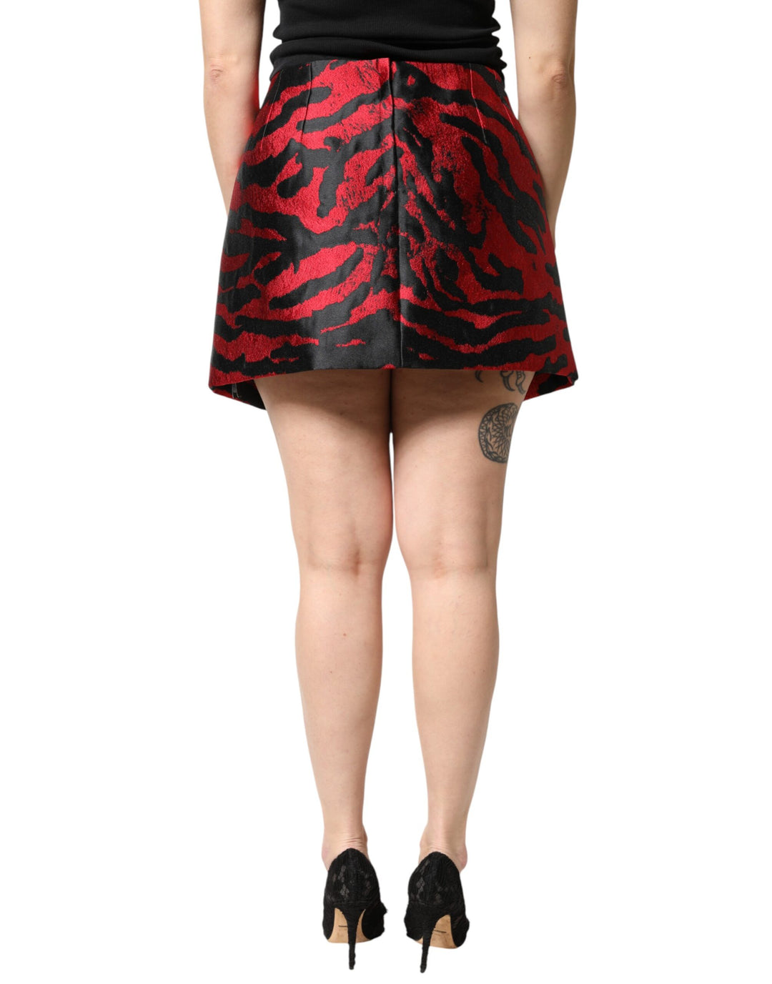 Dolce &amp; Gabbana Black Red Jacquard High Waist Mini Skirt