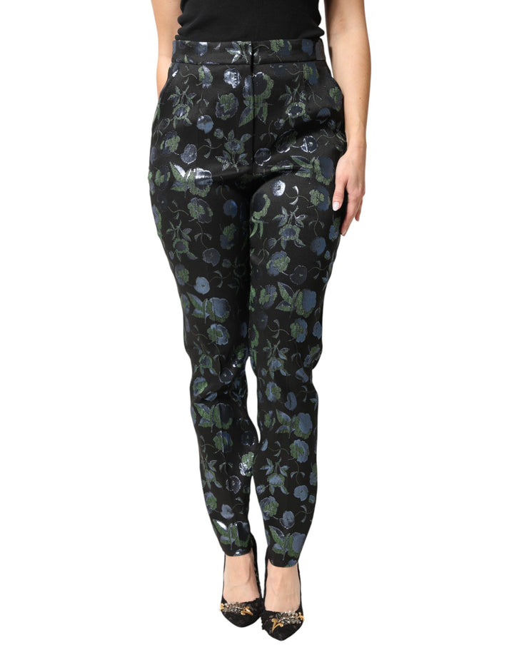 Dolce &amp; Gabbana BlueGreen Floral Metallic Slim Trouser Pants