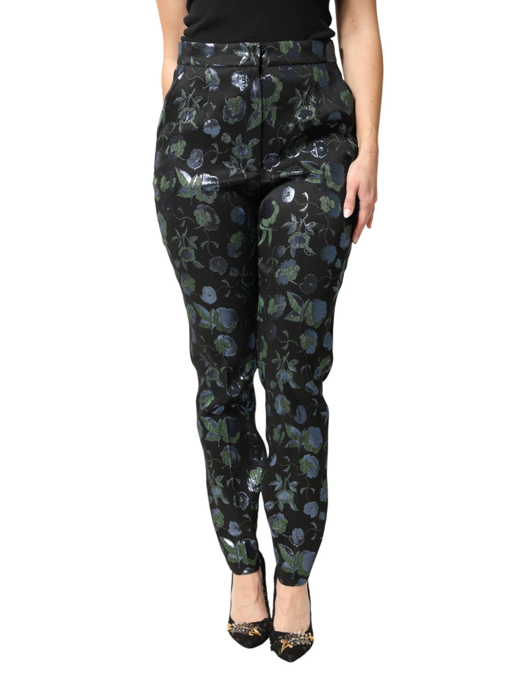 Dolce &amp; Gabbana BlueGreen Floral Metallic Slim Trouser Pants
