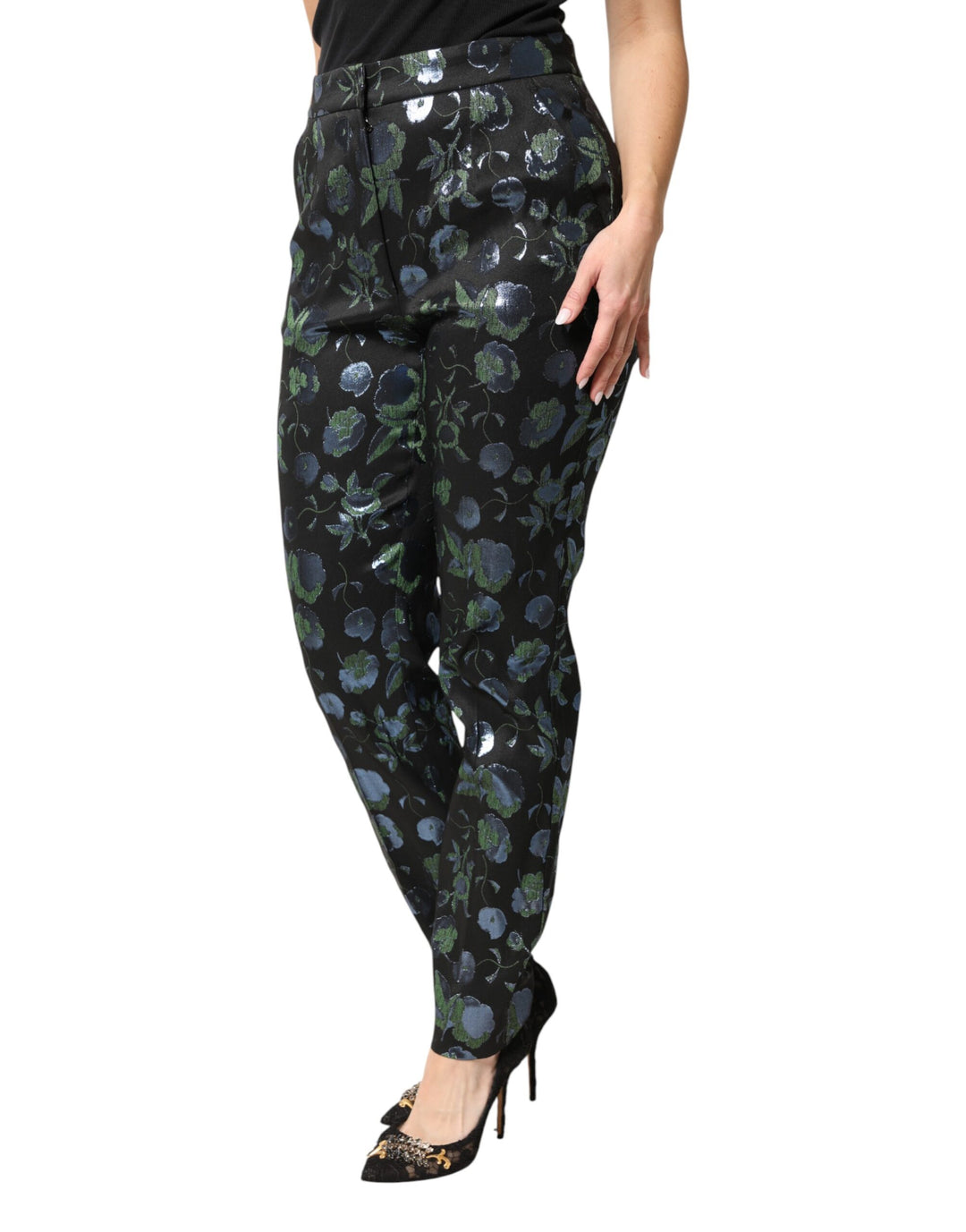 Dolce &amp; Gabbana BlueGreen Floral Metallic Slim Trouser Pants