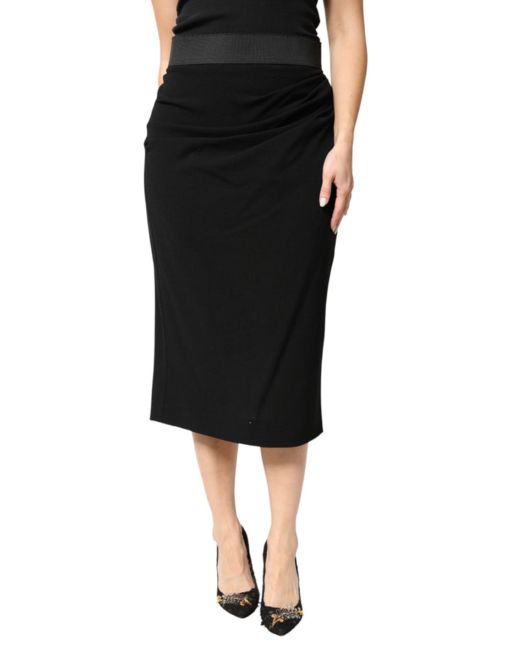 Dolce &amp; Gabbana Black Wool High Waist Pencil Cut Midi Skirt