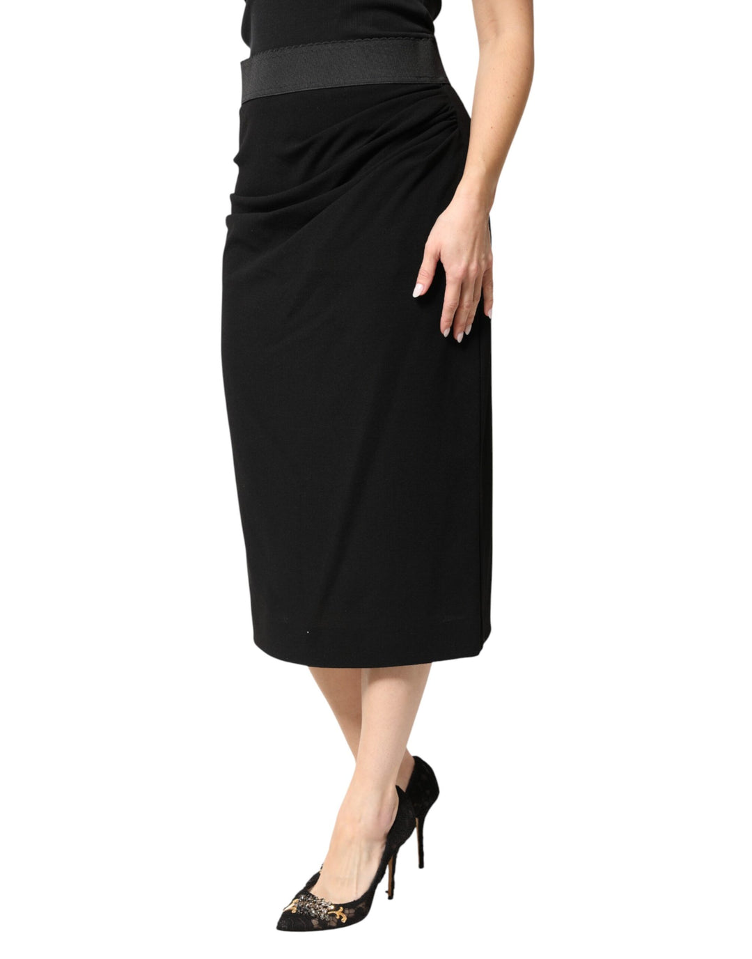 Dolce &amp; Gabbana Black Wool High Waist Pencil Cut Midi Skirt