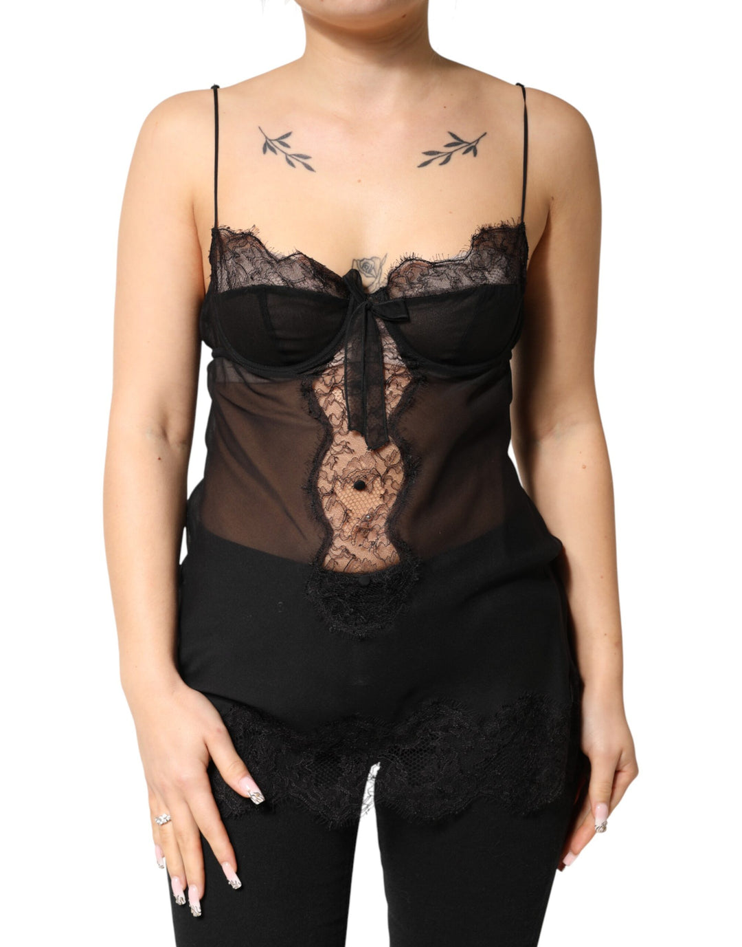 Dolce &amp; Gabbana Black Silk Floral Lace Chemise Lingerie Top