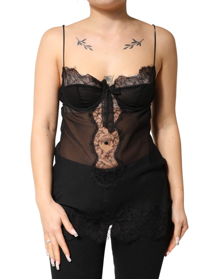 Dolce &amp; Gabbana Black Silk Floral Lace Chemise Lingerie Top