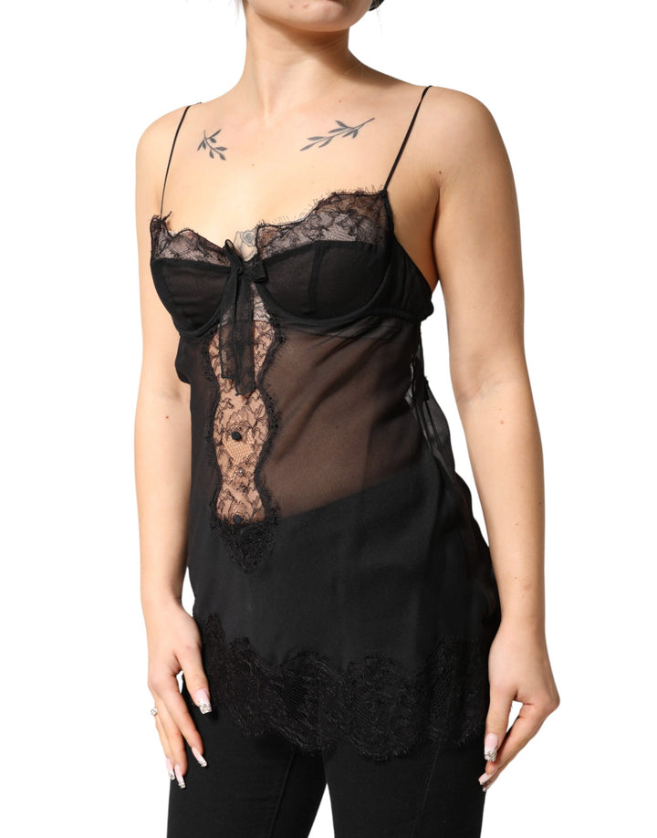 Dolce &amp; Gabbana Black Silk Floral Lace Chemise Lingerie Top