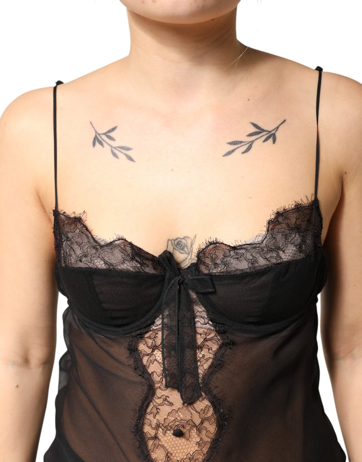 Dolce &amp; Gabbana Black Silk Floral Lace Chemise Lingerie Top