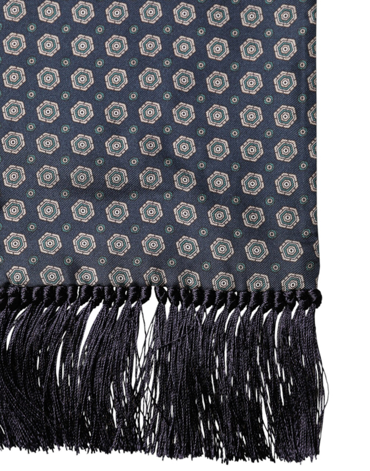 Dolce &amp; Gabbana Blue Patterned Silk Fringes Foulard 138cm x 15.5cm Scarf
