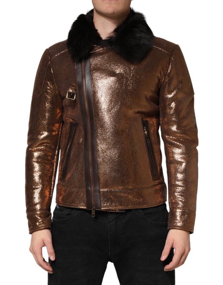 Dolce &amp; Gabbana Bronze Leather Fur Full Zip Men Biker Jacket