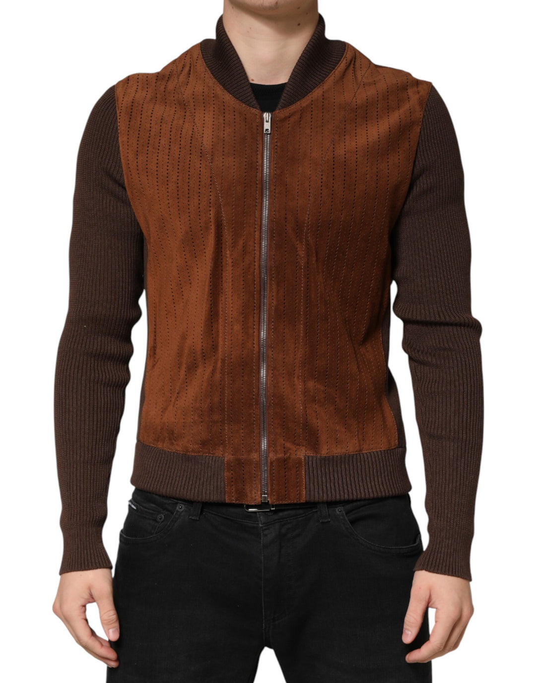 Dolce &amp; Gabbana Brown Velvet Calfskin Full Zip Biker Jacket