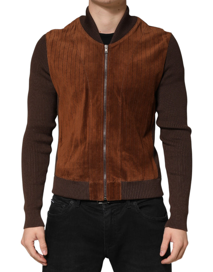 Dolce &amp; Gabbana Brown Velvet Calfskin Full Zip Biker Jacket
