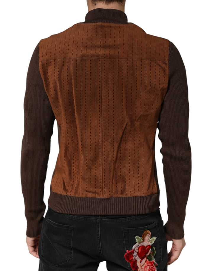 Dolce &amp; Gabbana Brown Velvet Calfskin Full Zip Biker Jacket