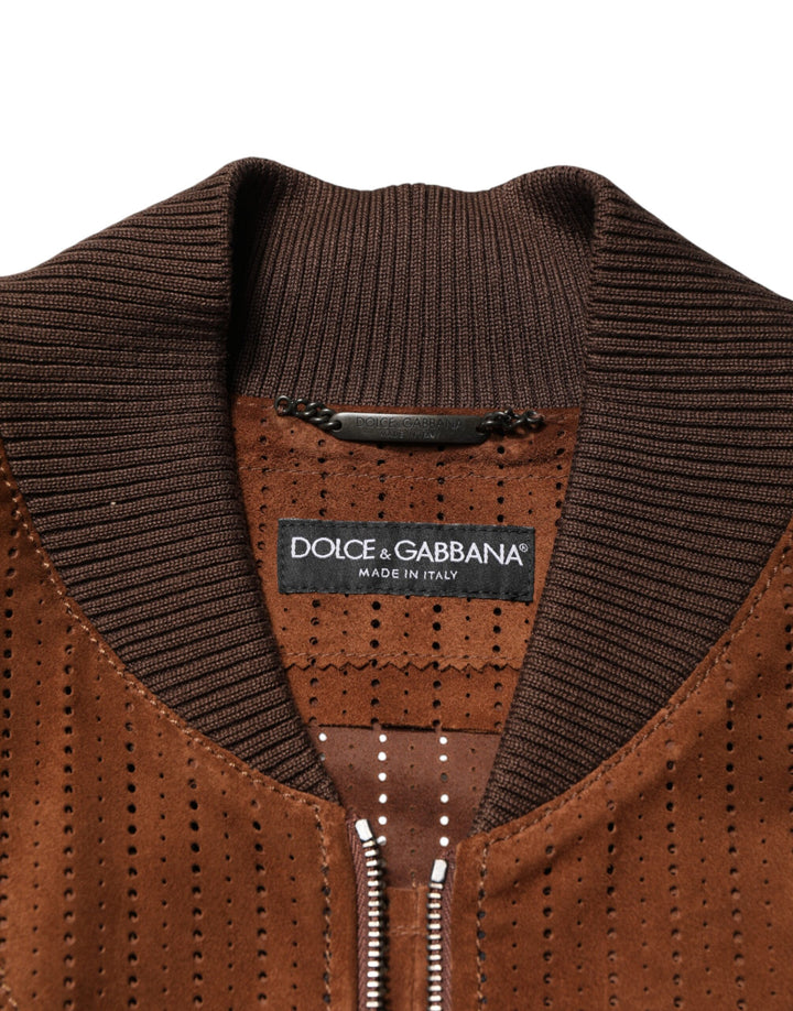 Dolce &amp; Gabbana Brown Velvet Calfskin Full Zip Biker Jacket