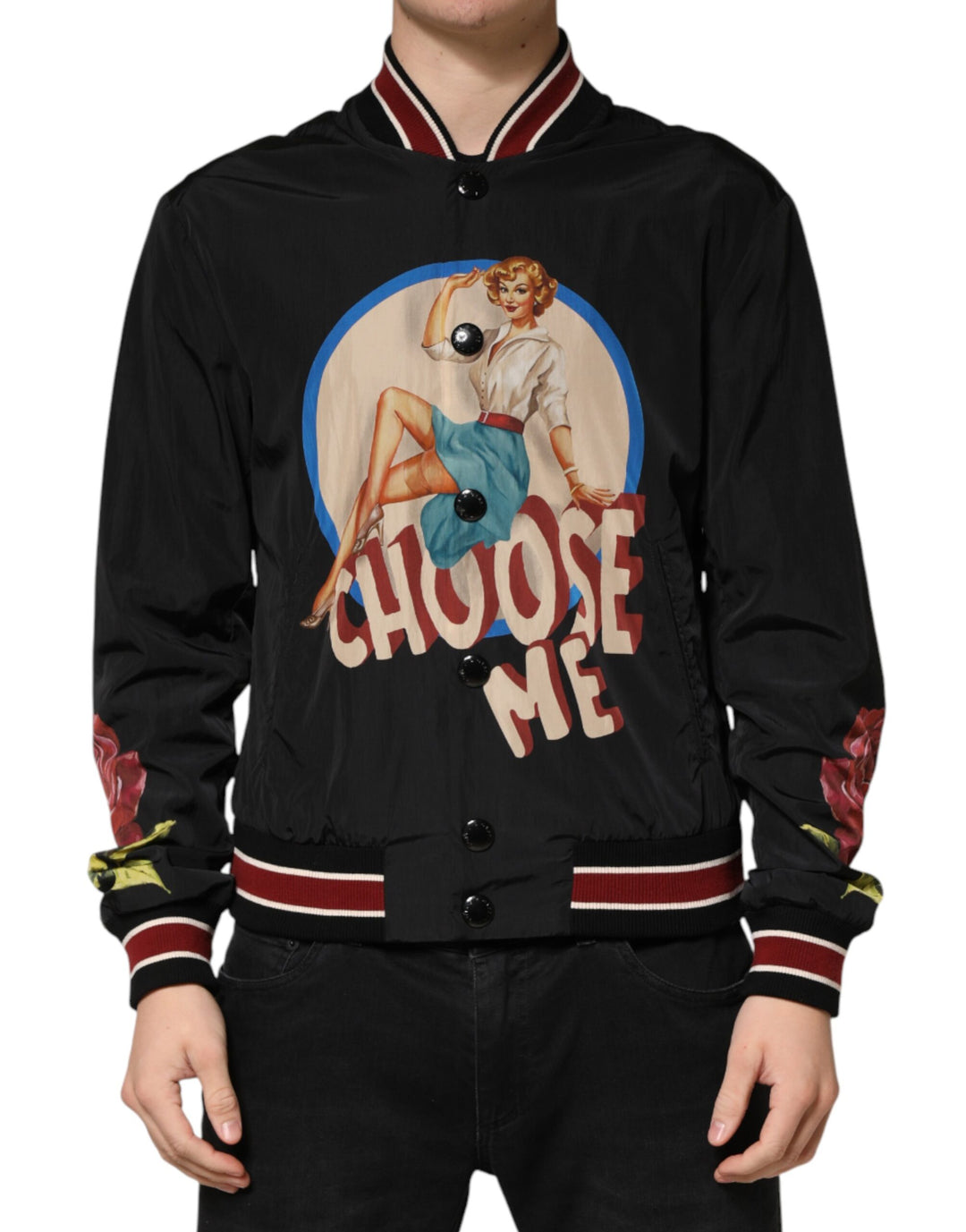 Dolce &amp; Gabbana Black Pin Up Button Down Men Bomber Jacket