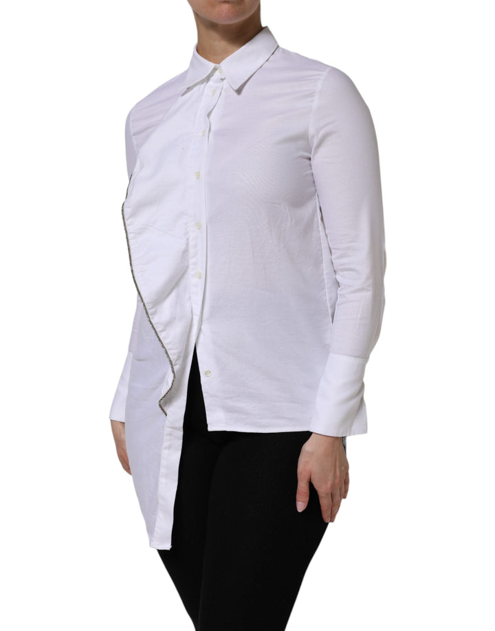 AGLINI Shirts - White Cotton Collared Long Sleeves Ruffle Top Shirt