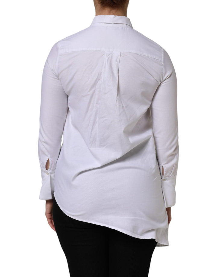AGLINI Shirts - White Cotton Collared Long Sleeves Ruffle Top Shirt