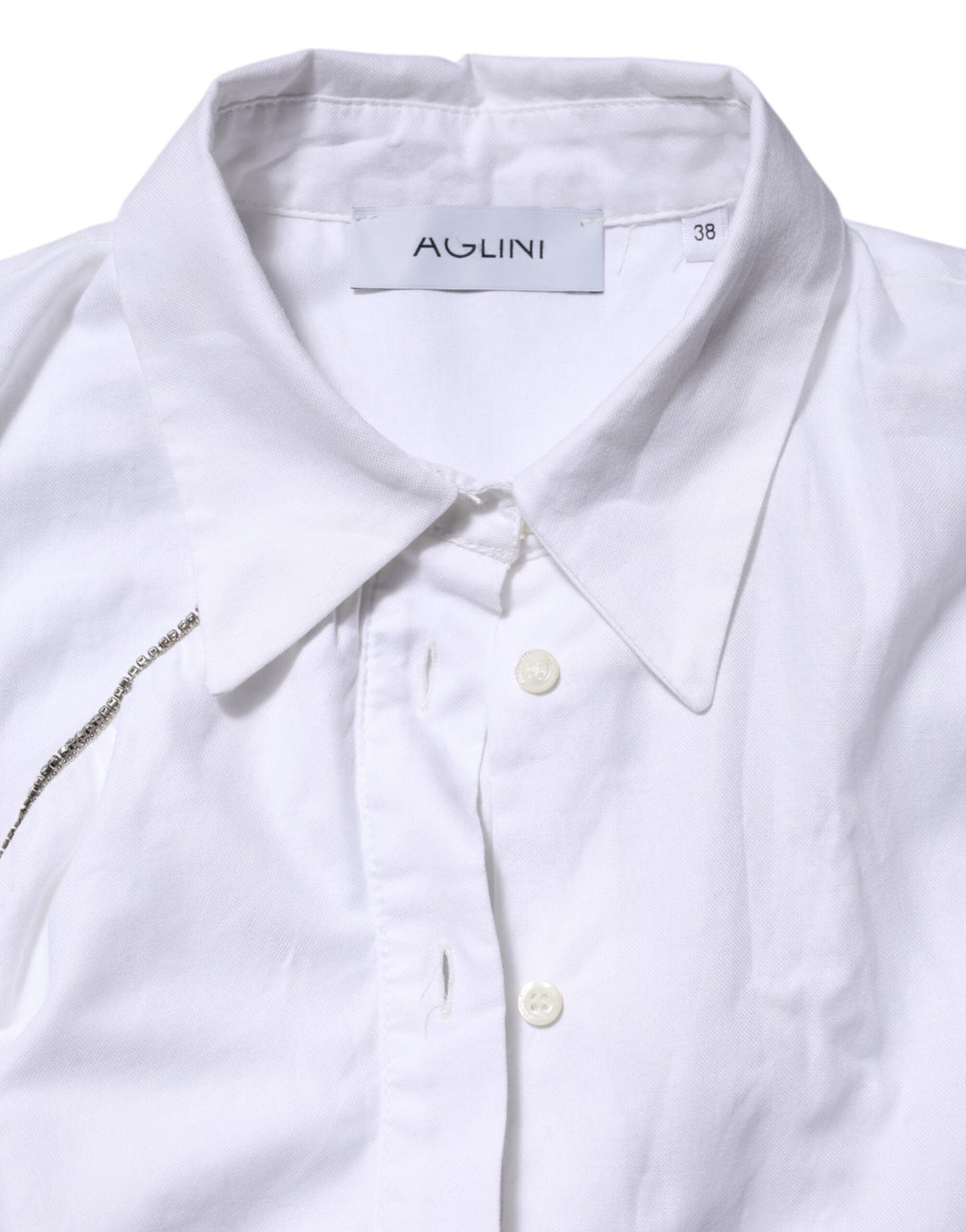 AGLINI Shirts - White Cotton Collared Long Sleeves Ruffle Top Shirt