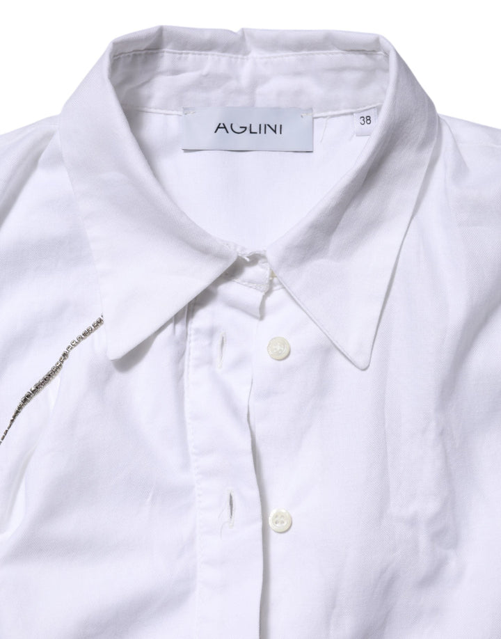 AGLINI Shirts - White Cotton Collared Long Sleeves Ruffle Top Shirt