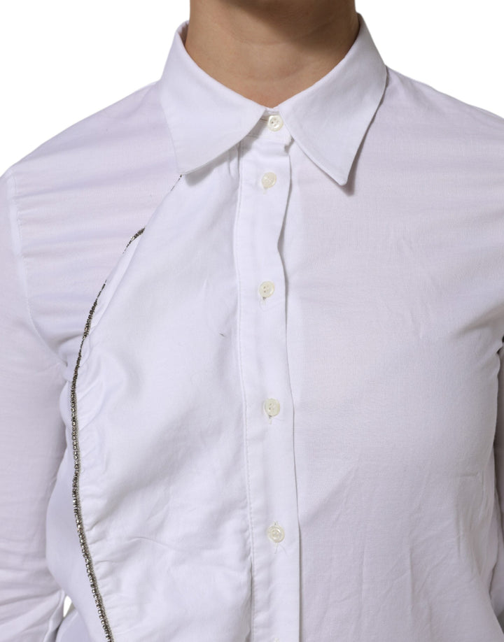 AGLINI Shirts - White Cotton Collared Long Sleeves Ruffle Top Shirt
