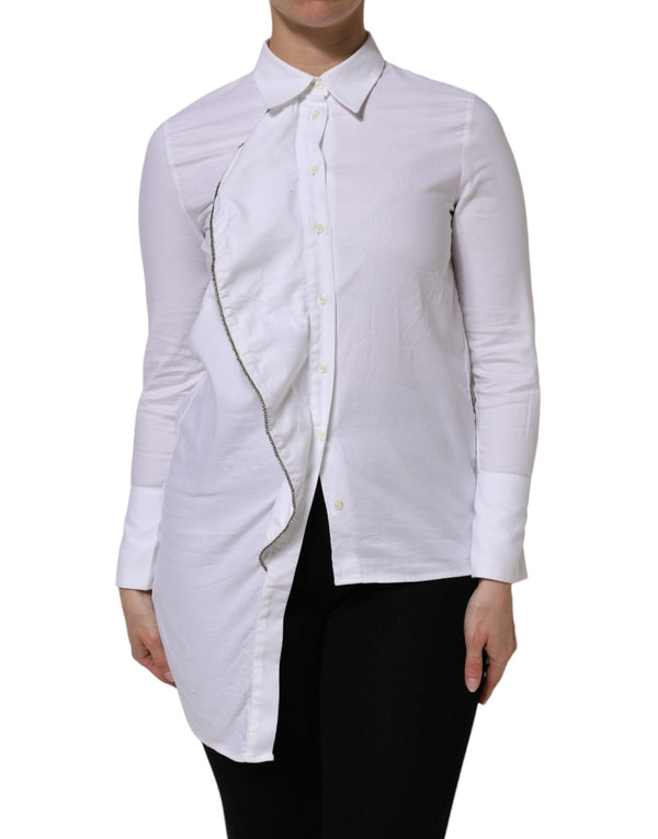AGLINI Shirts - White Cotton Collared Long Sleeves Ruffle Top Shirt