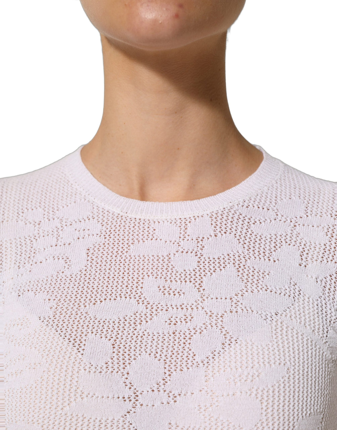 Alpha Studio Watches - Women’s White Floral Lace Knit Fabric Short Sleeves Blouse Top