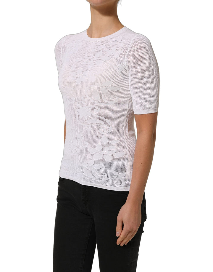 Alpha Studio Watches - Women’s White Floral Lace Knit Fabric Short Sleeves Blouse Top