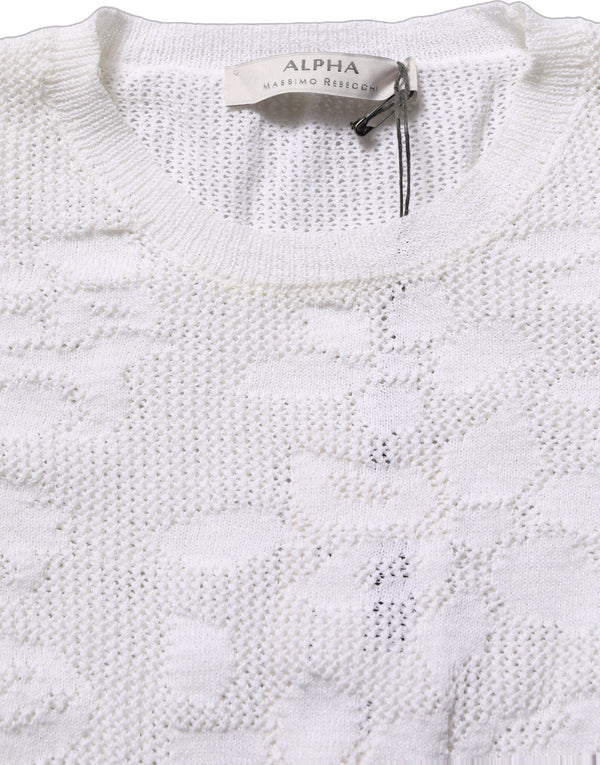 Alpha Studio Watches - Women’s White Floral Lace Knit Fabric Short Sleeves Blouse Top