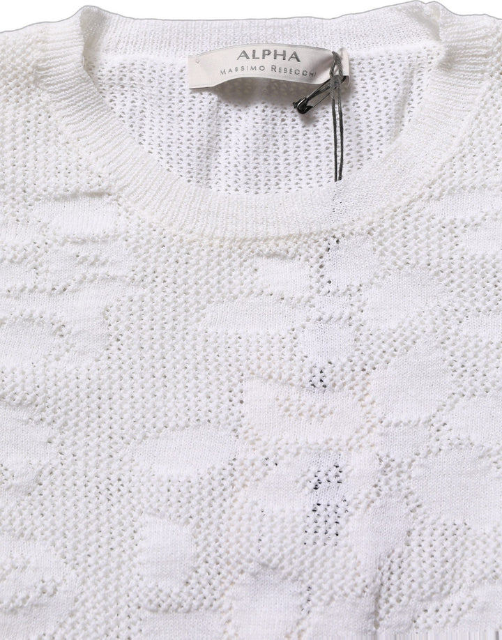 Alpha Studio Watches - Women’s White Floral Lace Knit Fabric Short Sleeves Blouse Top