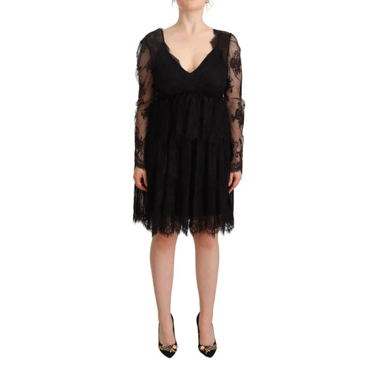 Aniye By Black Floral Lace Cotton Long Sleeves V-neck Shift Dress