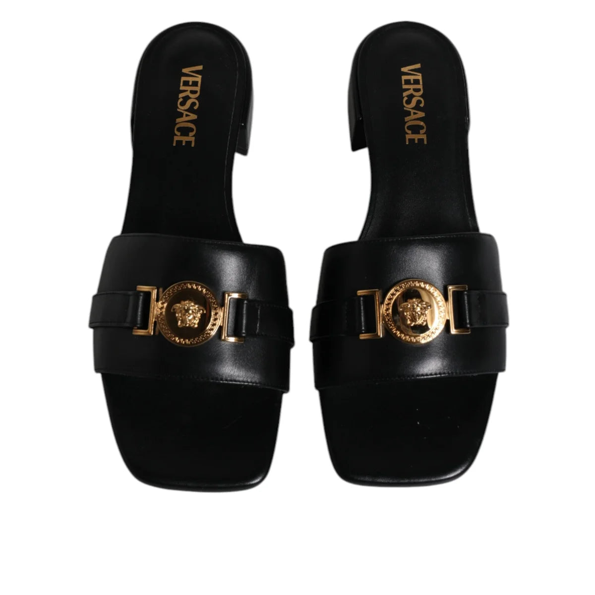 Authentic Versace Black Leather Logo Plaque Open Toe Slip-On