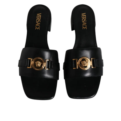 Authentic Versace Black Leather Logo Plaque Open Toe Slip-On